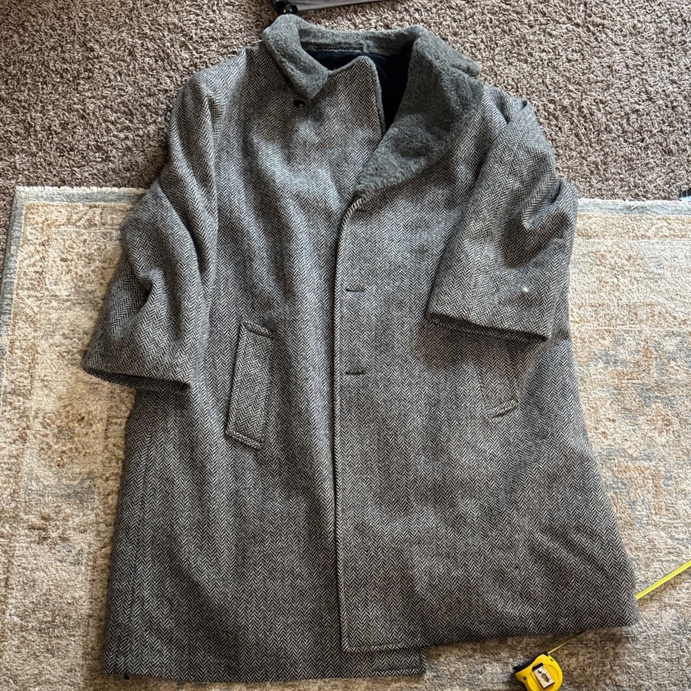 Full length Men's Gray Herringbone Wool Coat XXL